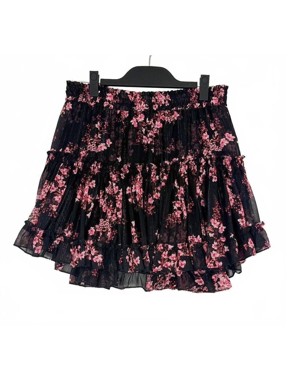 MISA Los Angeles Marion Layered Ruffle Skirt Black Berry Floral Chiffon Size Med